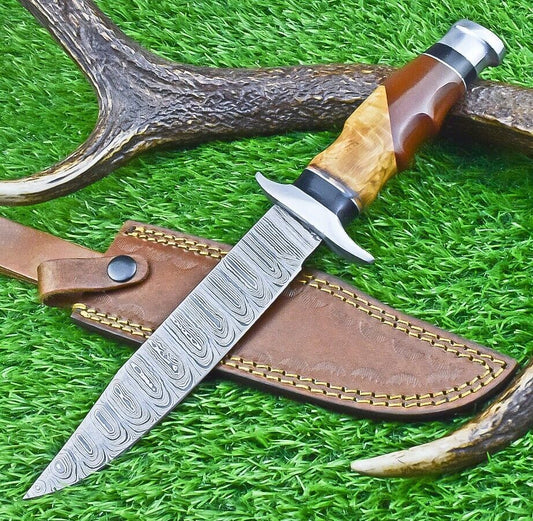 12 Inch Damascus Bowie Hunting Knife with Resin and Olive Wood Handle