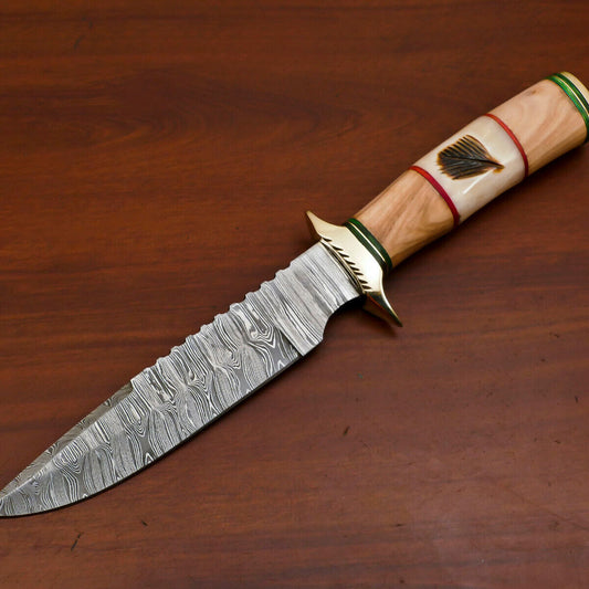 12 Inch Damascus Bowie Knife with Engraved Camel Bone and Olive Wood Handle