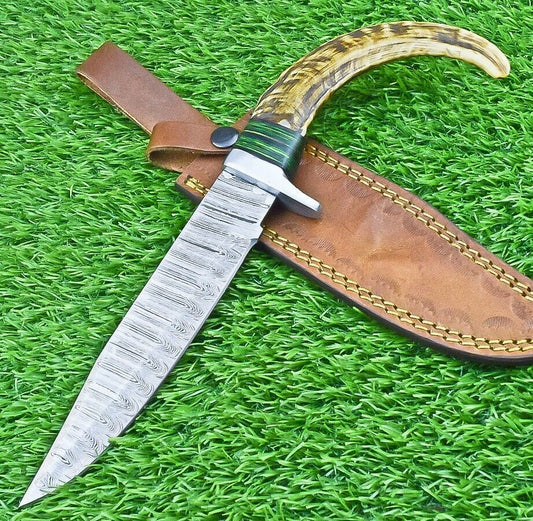 12 Inch Damascus Steel Bowie Knife with Ram Horn and Wood Handle
