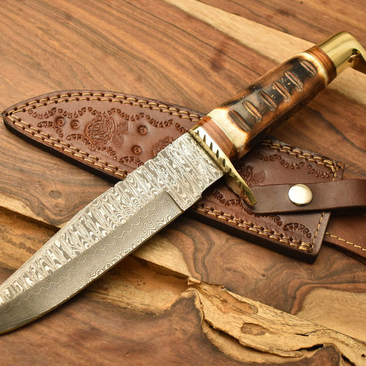12 Inch Damascus Steel Bowie Knife Camel Bone Handle Brass Guard Sheath