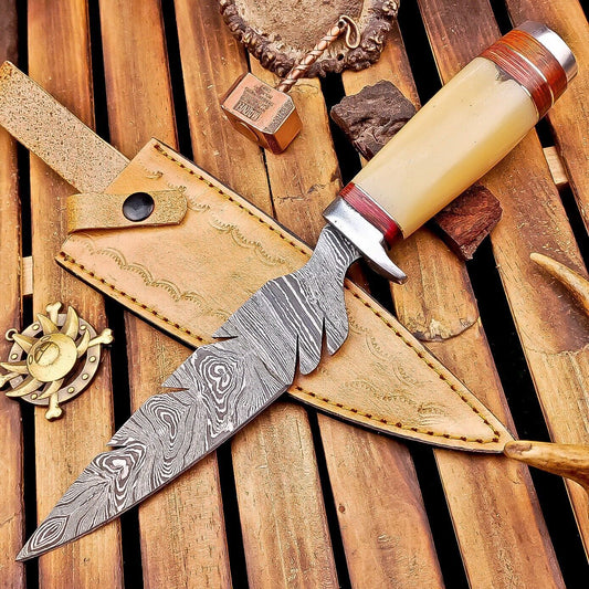 12 Inch Damascus Steel Bowie Knife with Camel Bone Handle and Steel Bolster