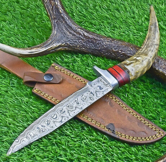 12 Inch Damascus Steel Bowie Knife with Ram Horn and Wood Handle