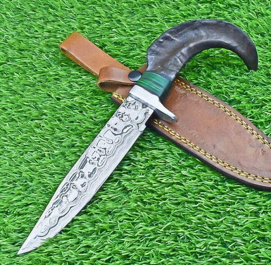 12 Inch Damascus Steel Bowie Knife with Ram Horn and Wood Handle for Hunting and Camping