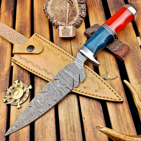 12 Inch Damascus Steel Bowie Knife with Resin Handle and Casted Steel Bolster