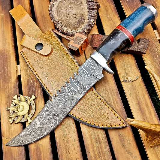 12 Inch Damascus Steel Bowie Knife with Resin Handle and Leather Sheath