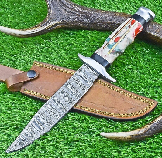 12 Inch Damascus Steel Bowie Knife with Resin Handle for Hunting and Camping