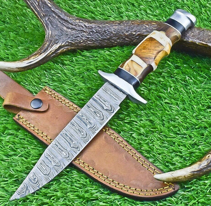12 Inch Damascus Steel Bowie Knife with Resin and Natural Wood Handle