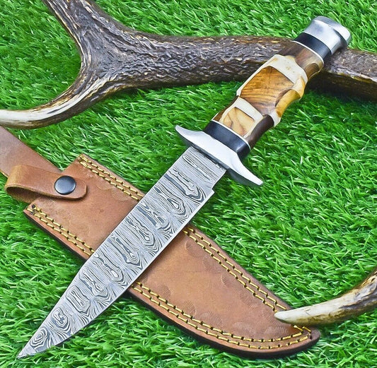 12 Inch Damascus Steel Bowie Knife with Resin and Natural Wood Handle