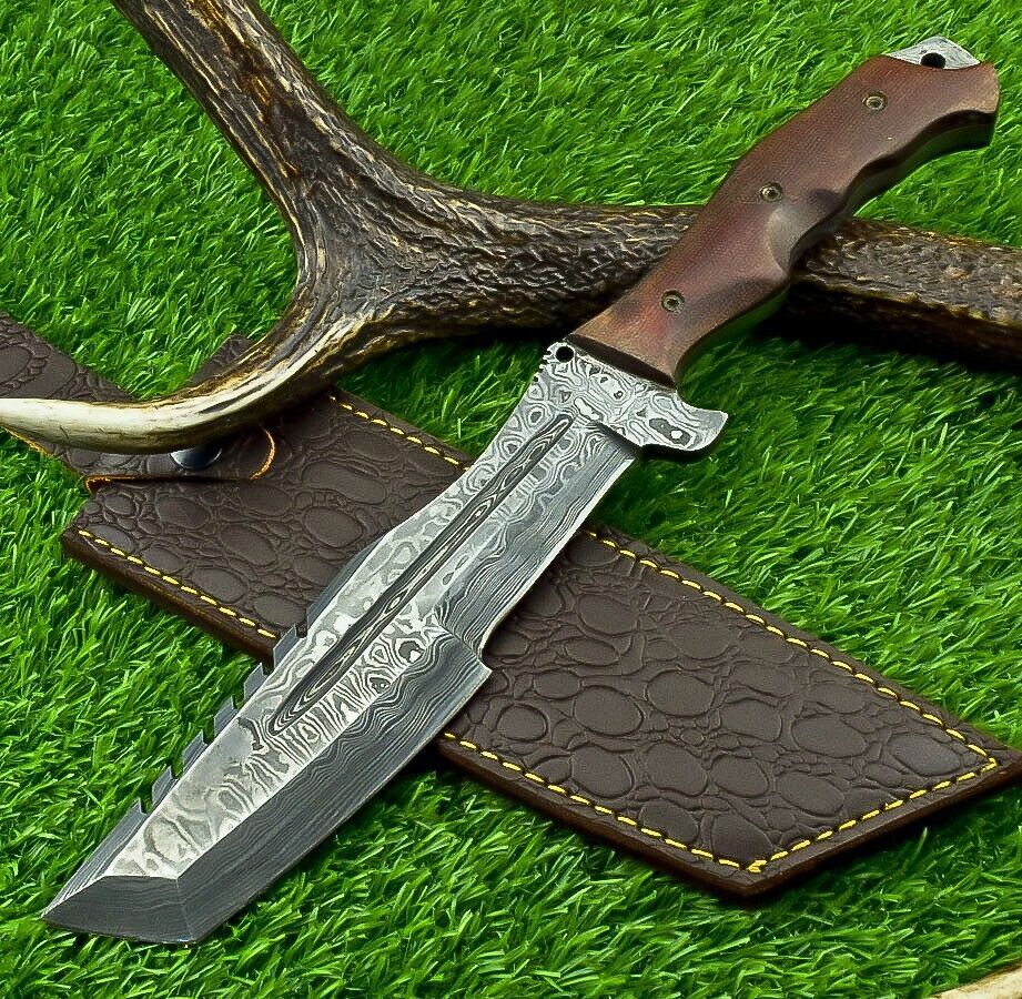 12 Inch Damascus Steel Bowie Tracker Knife with Micarta Handle