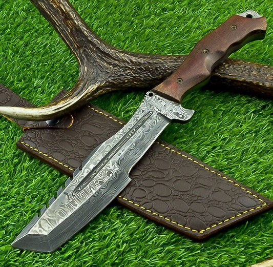 12 Inch Damascus Steel Bowie Tracker Knife with Micarta Handle