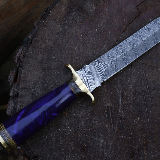 12 Inch Damascus Steel Dagger Knife Resin Hardwood Handle Leather Sheath