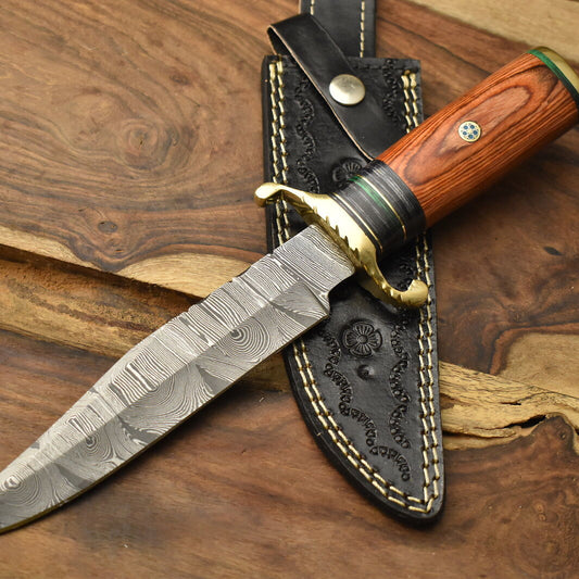 12 Inch Forged Damascus Bowie Knife with Hardwood Handle and Brass Guard
