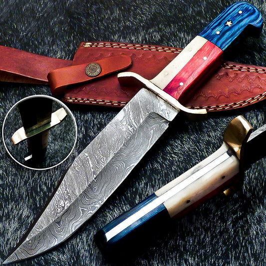 12 Inch Full Tang Damascus Bowie Knife with Camel Bone and Wood Handle