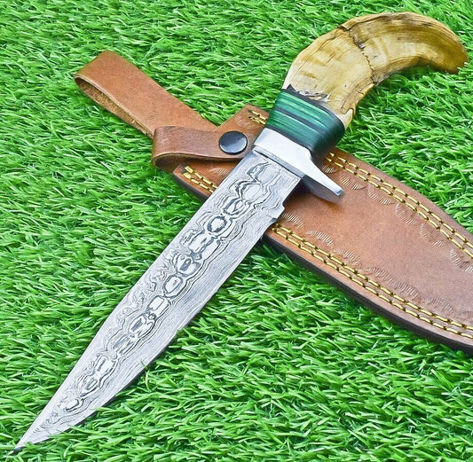 12 Inch Hand Forged Damascus Steel Bowie Knife with Ram Horn and Wood Handle