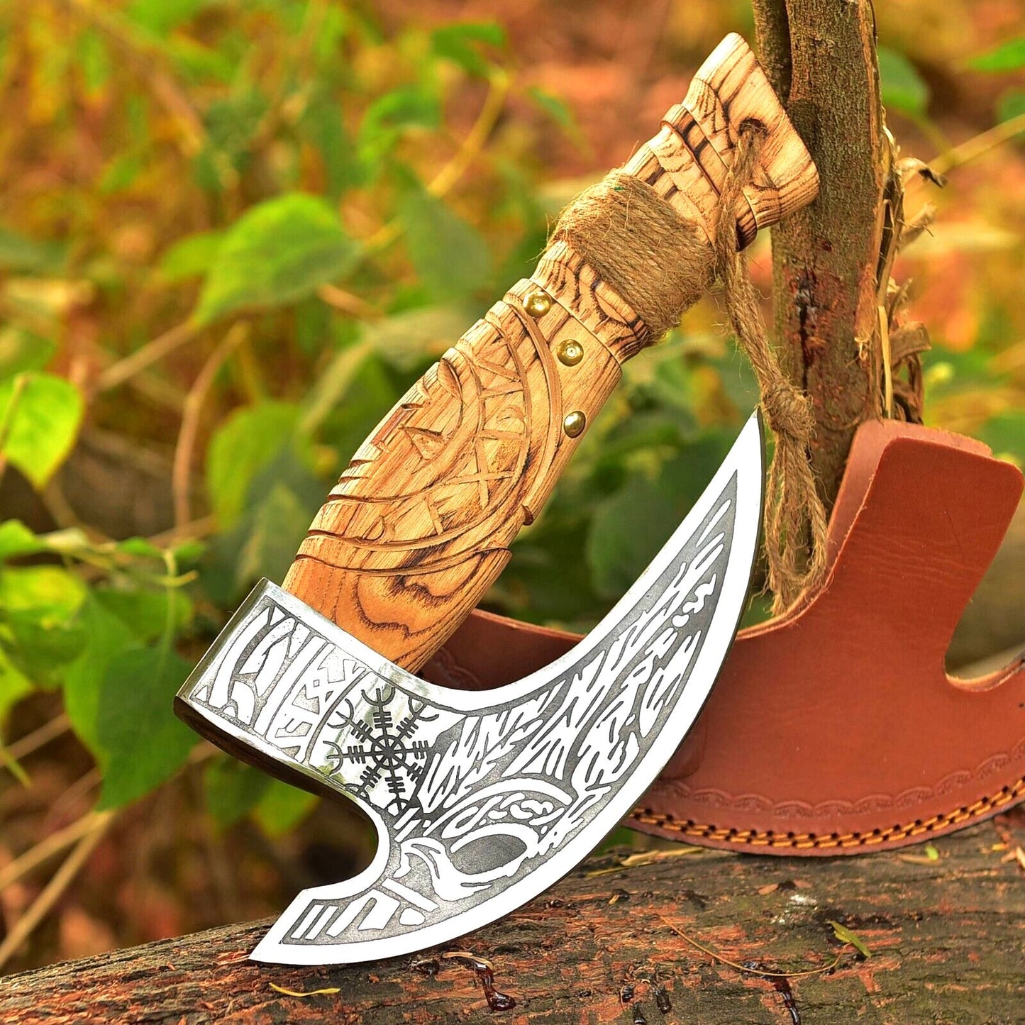 12 Inch Handmade Carbon Steel Axe Viking Hatchet Axe With Wooden Handle & Sheath 