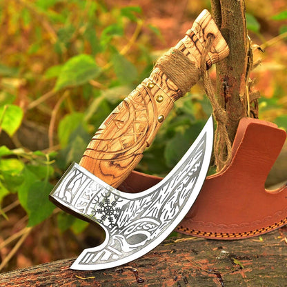 12 Inch Handmade Carbon Steel Axe Viking Hatchet Axe With Wooden Handle & Sheath 