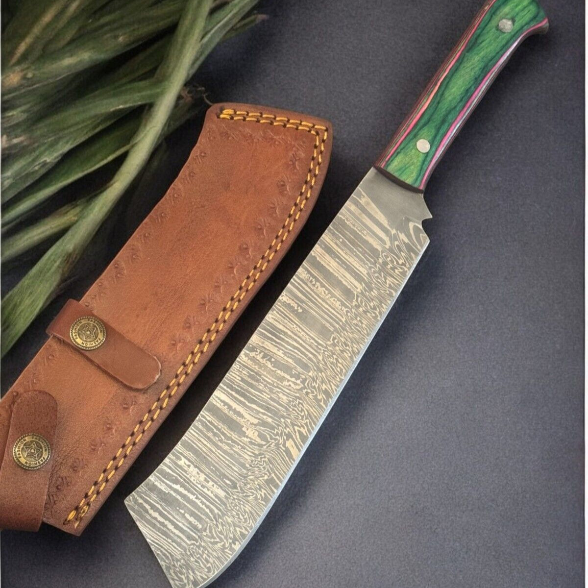 12 Inch Handmade Damascus Bowie Knife with Pakka Wood Handle for Hunting and Camping