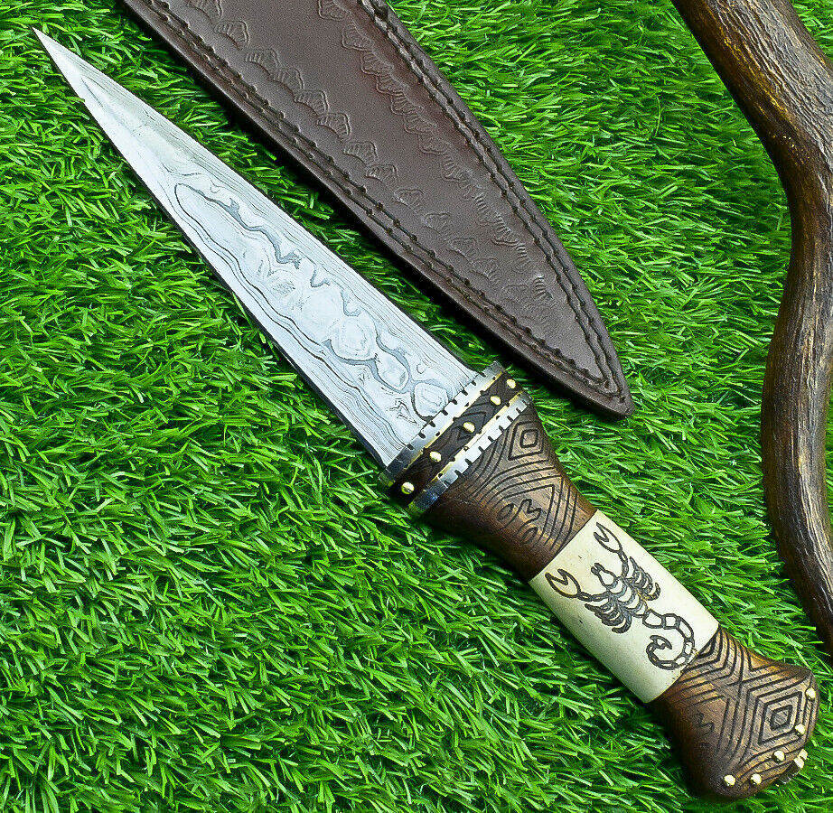 12 Inch Handmade Damascus Dagger Knife with Camel Bone and Wood Handle
