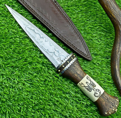 12 Inch Handmade Damascus Dagger Knife with Camel Bone and Wood Handle