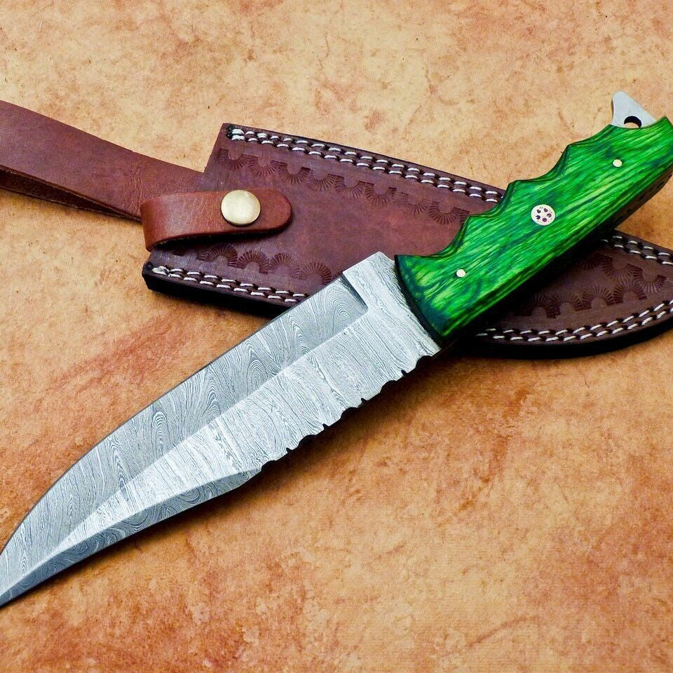  12 Inch Handmade Damascus Hunting Bowie Knife with Hardwood Handle
