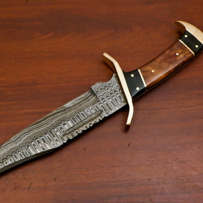 12 Inch Handmade Damascus Steel Bowie Hunting Knife with Camel Bone and Bull Horn Handle