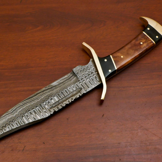 12 Inch Handmade Damascus Steel Bowie Hunting Knife with Camel Bone and Bull Horn Handle