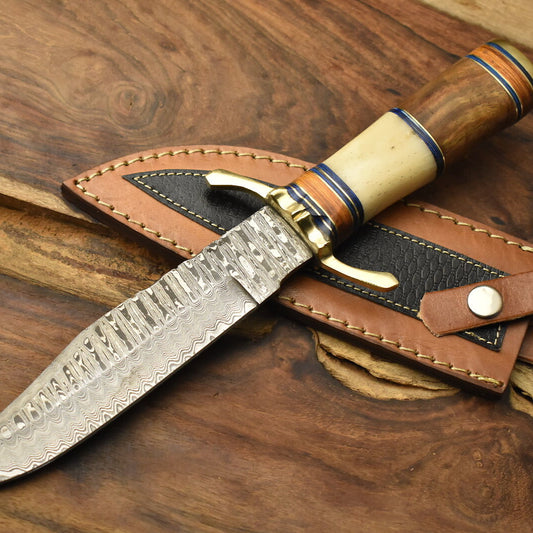 12 Inch Handmade Damascus Steel Bowie Knife Camel Bone Handle Brass Guard