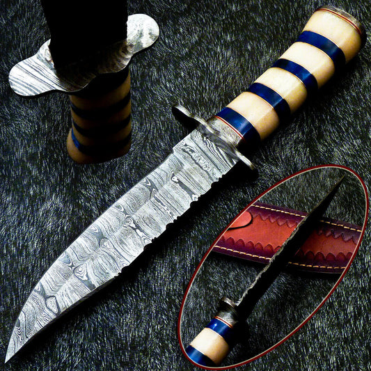 12 Inch Handmade Damascus Steel Bowie Knife with Camel Bone Handle