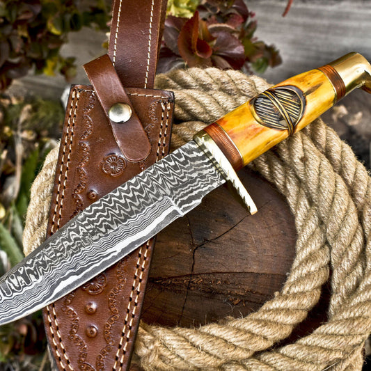 12 Inch Handmade Damascus Steel Bowie Knife with Camel Bone Handle and Brass Guard