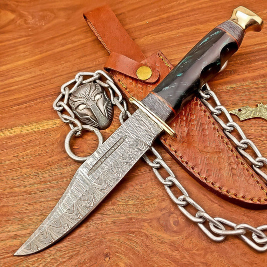 12 Inch Handmade Damascus Steel Bowie Knife with Resin Handle and Brass Bolster