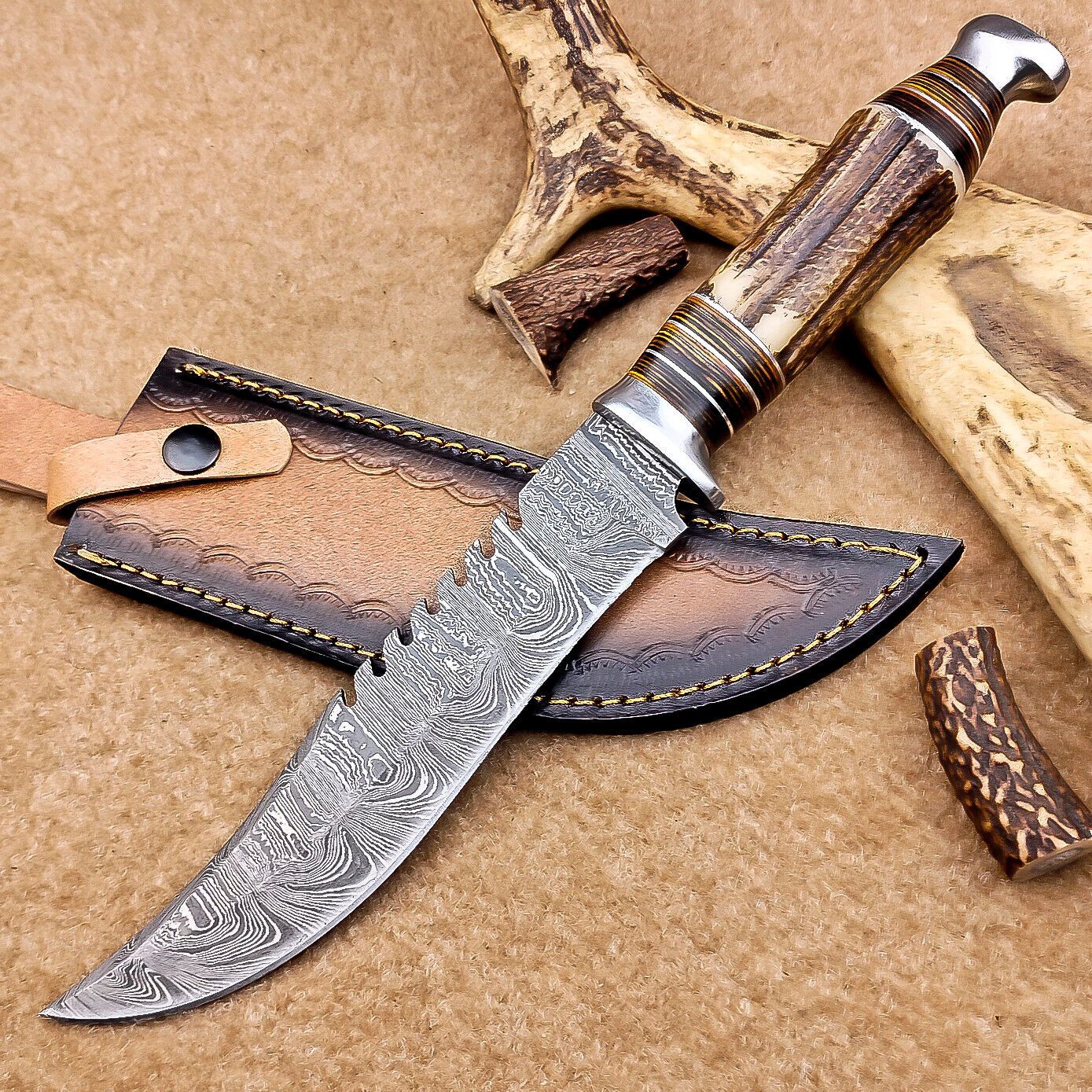 12 Inch Handmade Damascus Steel Bowie Knife with Stag Antler Handle