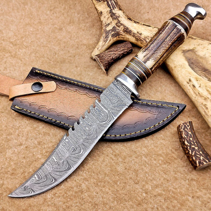 12 Inch Handmade Damascus Steel Bowie Knife with Stag Antler Handle