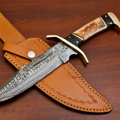 12 Inch Handmade Damascus Steel Bowie Knife with Stained Camel Bone and Bull Horn Handle
