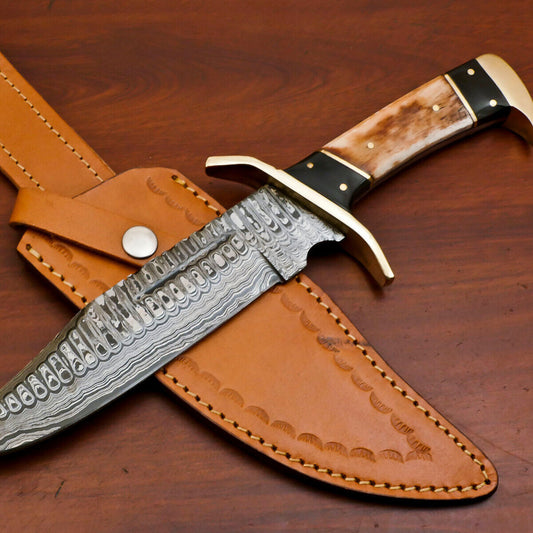 12 Inch Handmade Damascus Steel Bowie Knife with Stained Camel Bone and Bull Horn Handle