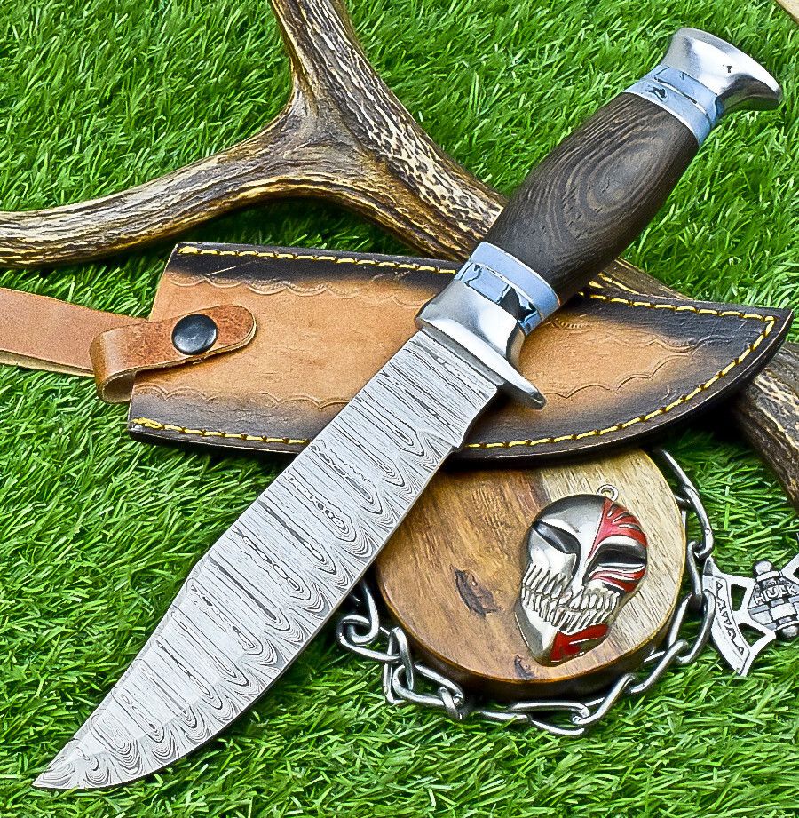 12 Inch Handmade Damascus Steel Bowie Knife with Wood Handle and Casted Steel Bolster