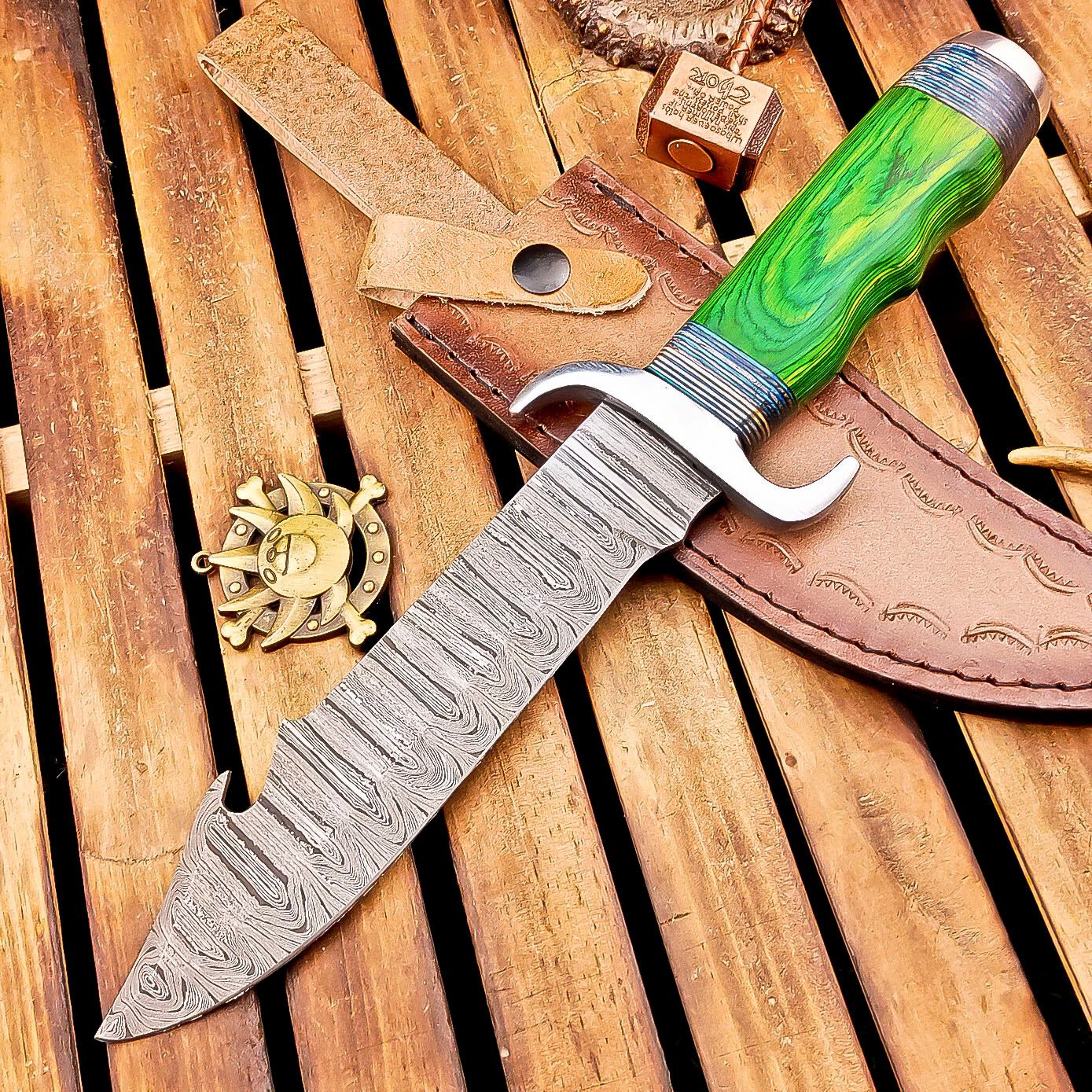 12 Inch Handmade Damascus Steel Bowie Knife with Wood Handle and Steel Bolster
