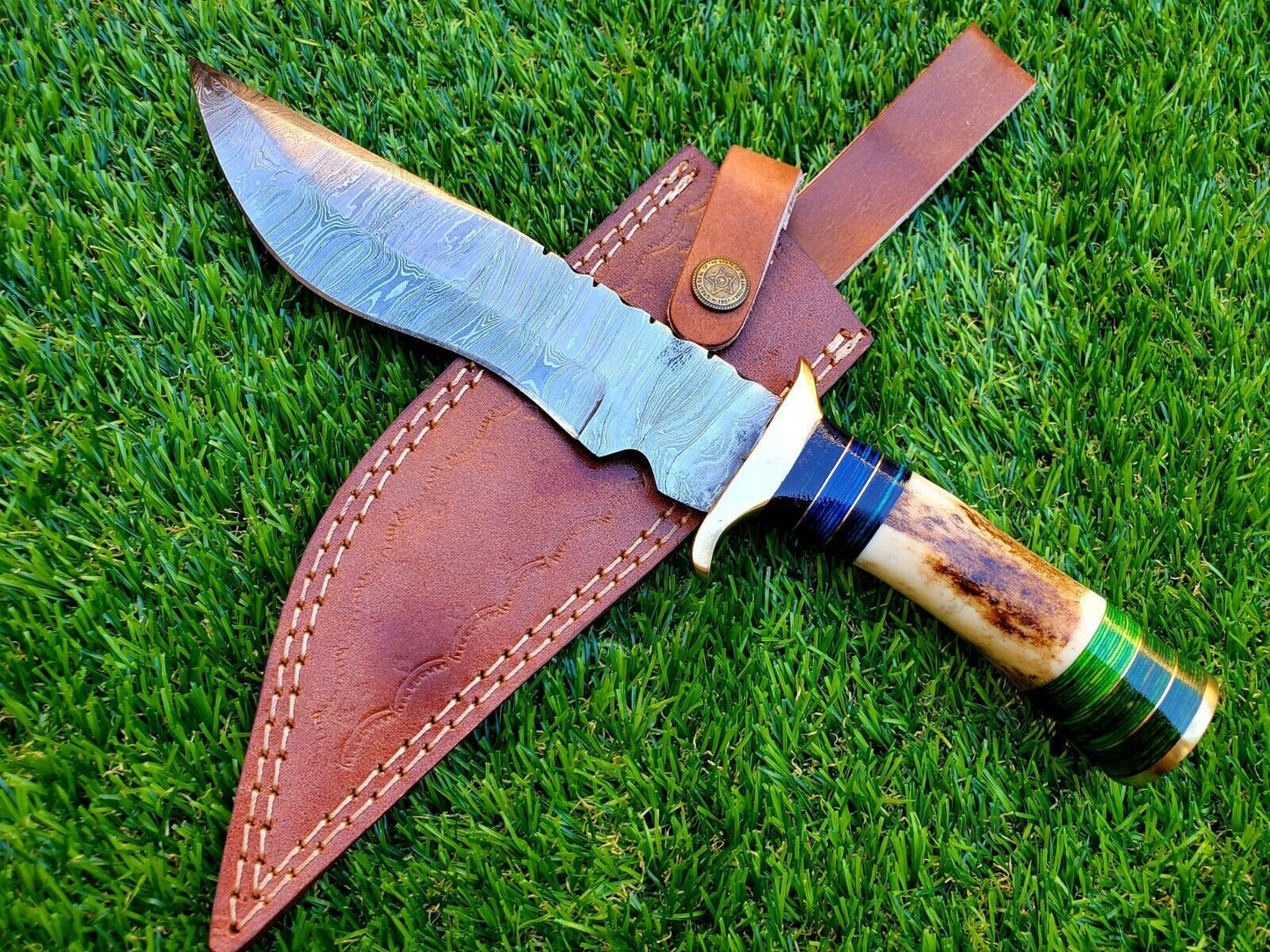 12 Inch Handmade Damascus Steel Hunting Bowie Knife with Deer Antler Handle by Heritage Forge