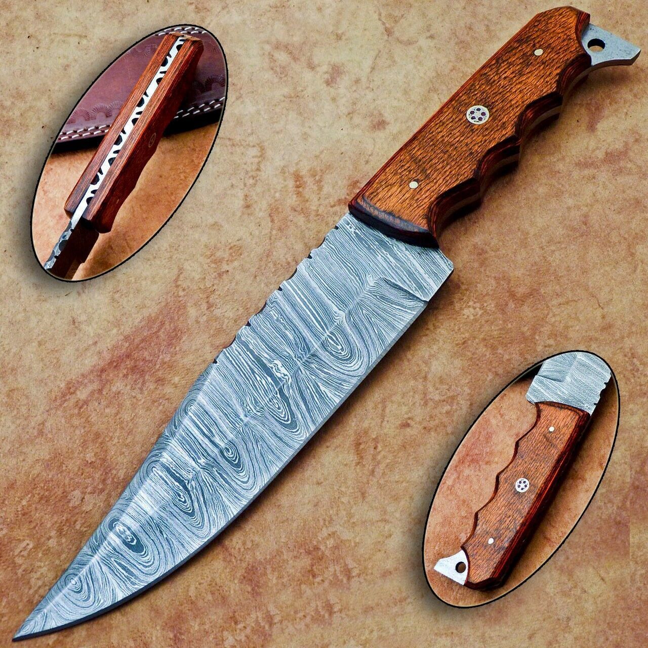 12 Inch Handmade Damascus Steel Hunting Bowie Knife with Hardwood Handle