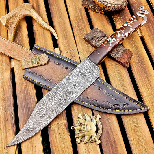 12 Inch Resin Handle Damascus Bowie Knife with Brass Pins and Leather Sheath
