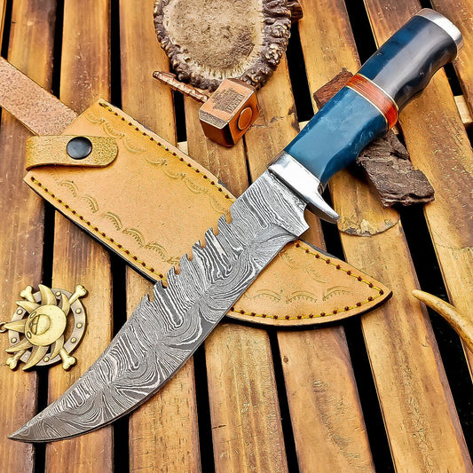 12 Inch Resin Handle Damascus Bowie Knife with Steel Bolster and Leather Sheath