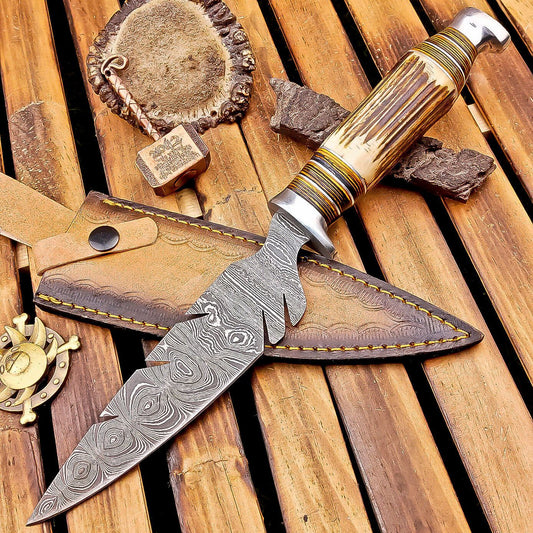12 Inch Stag Horn Handle Damascus Bowie Knife with Leather Sheath
