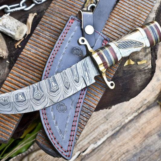 12 Inch Twist Damascus Bowie Knife with Bone Handle and Brass Guard