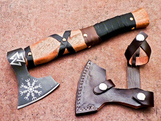 12 Inch handmade Carbon Steel Axe Bearded Hatchet for Camping With Leather Sheath