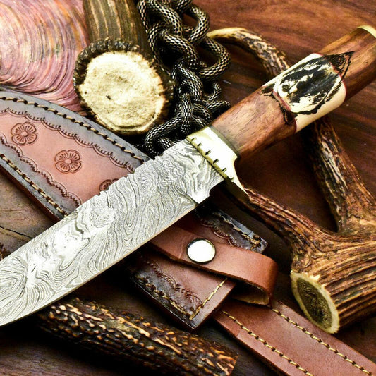 12" Laser Etched Damascus Steel Bowie Knife | Camel Bone Handle with Sheath