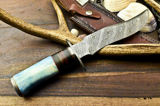 12" Premium Damascus Steel Knife Damascus Bowie Knife With Camel Bone Handle & Sheath