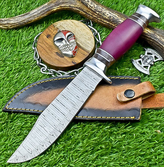 12" Premium Handmade Damascus Steel Bowie Knife – Resin Handle & Leather Sheath