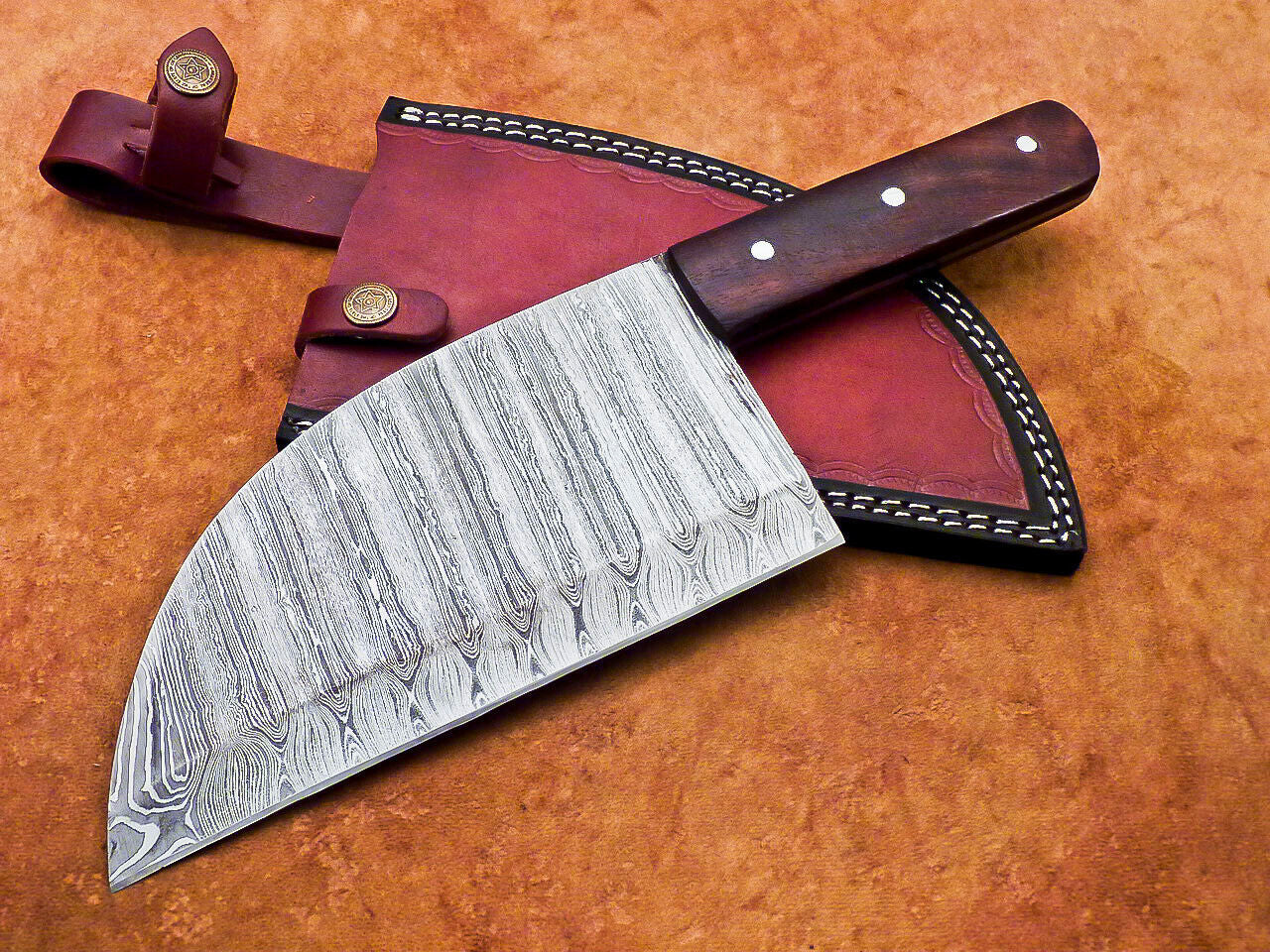 12" Professional Chef Chopper Knife Cleaver Damascus Blade Wood Handle with Leather Sheath