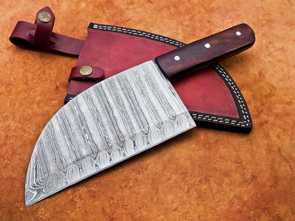 12" Professional Chef Chopper Knife Cleaver Damascus Blade Wood Handle with Leather Sheath