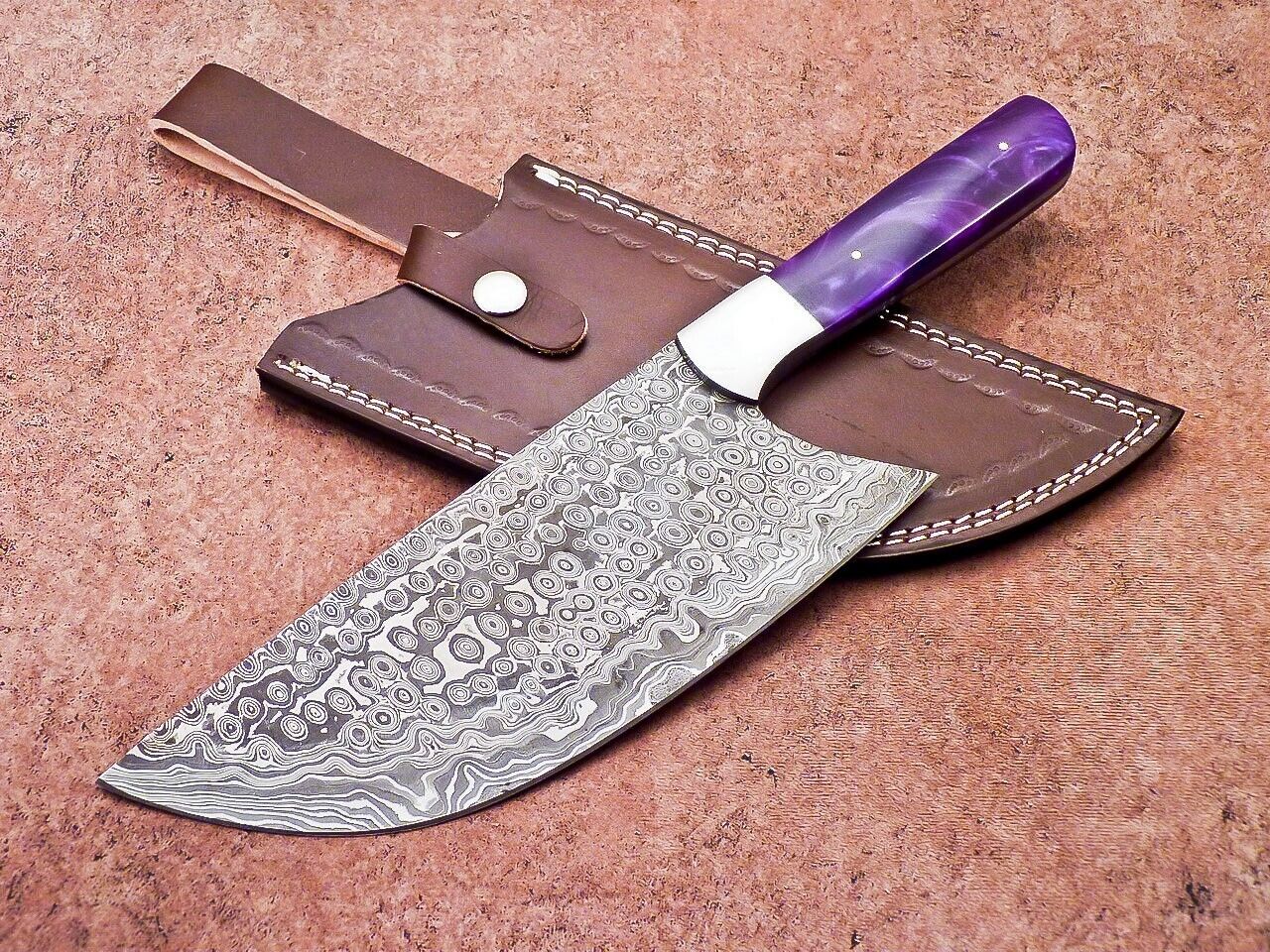 12" Professional Chef Chopper Knife Cleaver Damascus Blade with Resin Handle & Leather Sheath