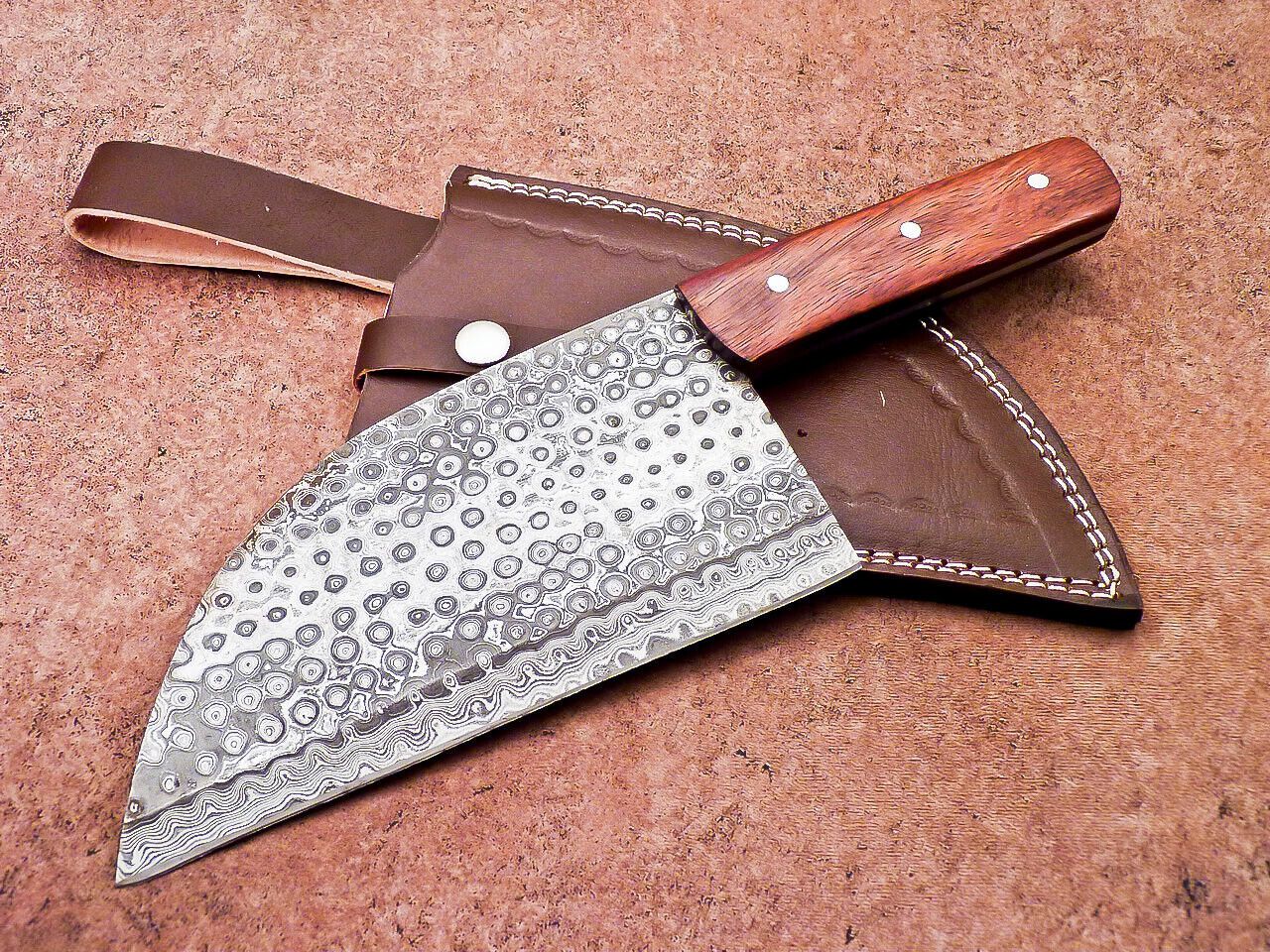 12" Professional Chef Chopper Knife Cleaver Damascus Blade with Wood Handle & Leather Sheath